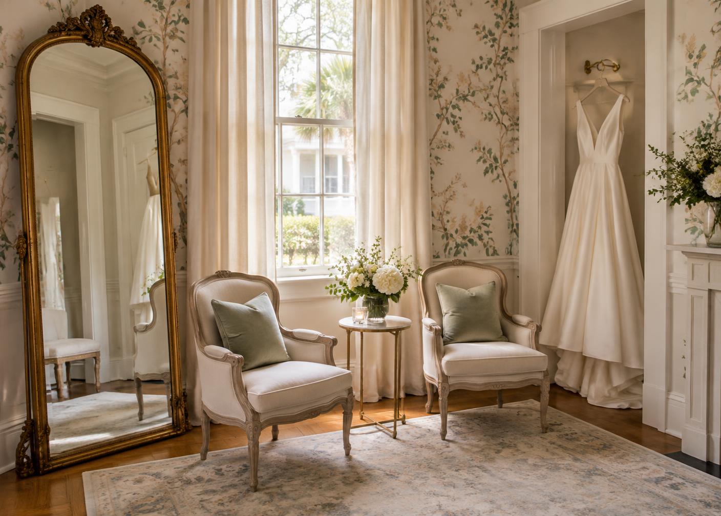 The Boudoir with floral walls, two chairs, and a sunlit mirror