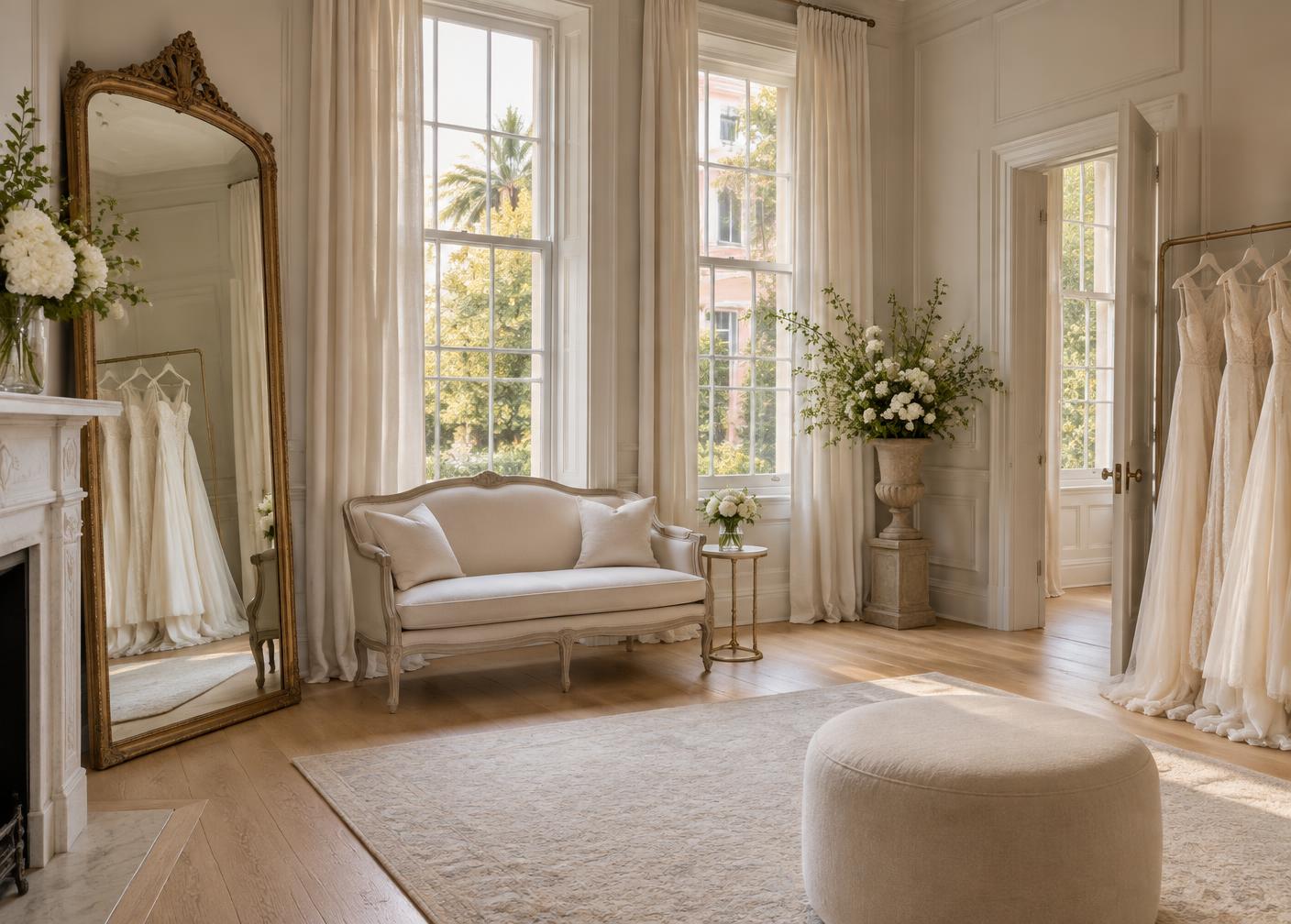 The Grand Salon with tall windows, seating, and a full-length mirror